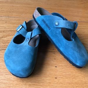 Birkenstock blue suede Boston Clogs